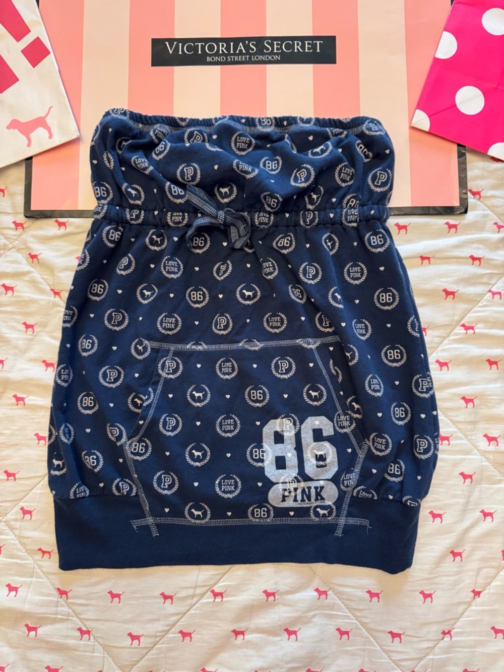 VS PINK VINTAGE Y2K TUBE TOP BABYDOLL MINI DRESS NAVY BLUE MONOGRAM 86 DOG RARE